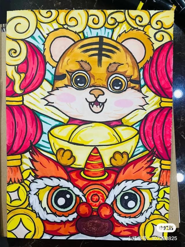 关于虎年春节喜庆画面的画（2022虎年主题迎新春）(35)