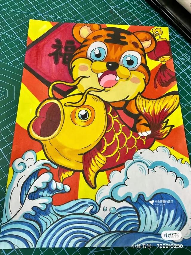 关于虎年春节喜庆画面的画（2022虎年主题迎新春）(13)