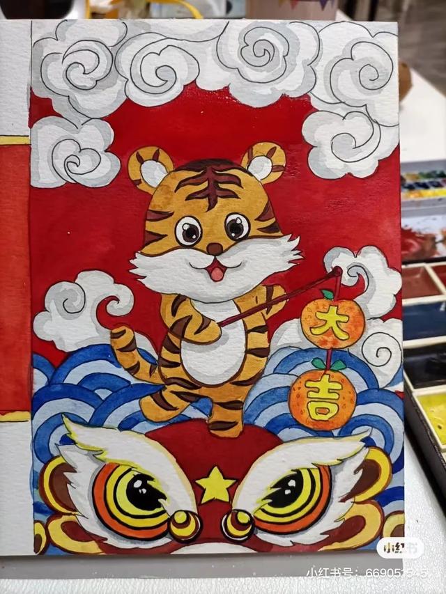 关于虎年春节喜庆画面的画（2022虎年主题迎新春）(25)