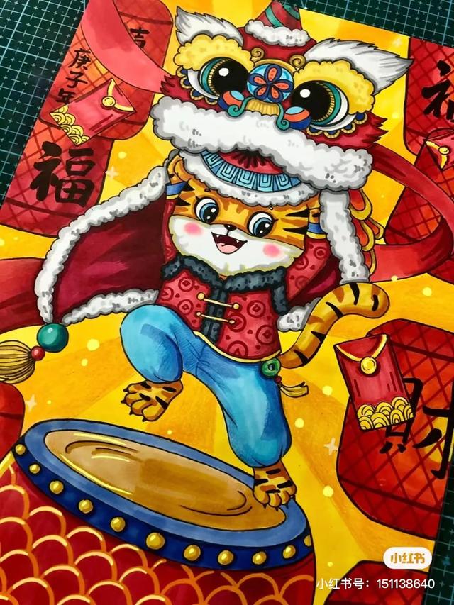 关于虎年春节喜庆画面的画（2022虎年主题迎新春）(29)