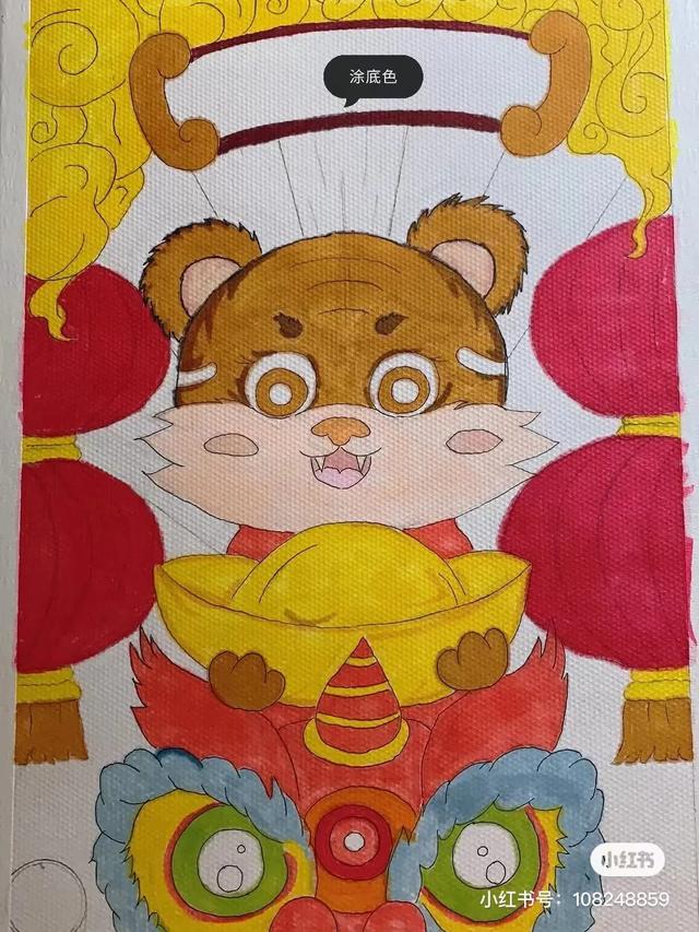 关于虎年春节喜庆画面的画（2022虎年主题迎新春）(45)