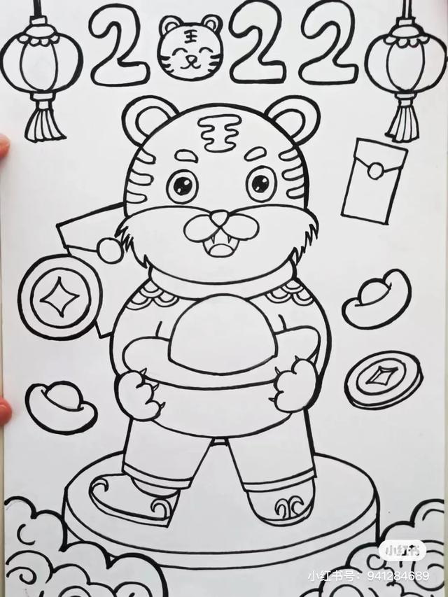 关于虎年春节喜庆画面的画（2022虎年主题迎新春）(47)